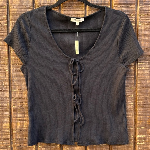 NWTS Madewell Ribbed Black Tie Bow Short Sleeve - Picture 1 of 14